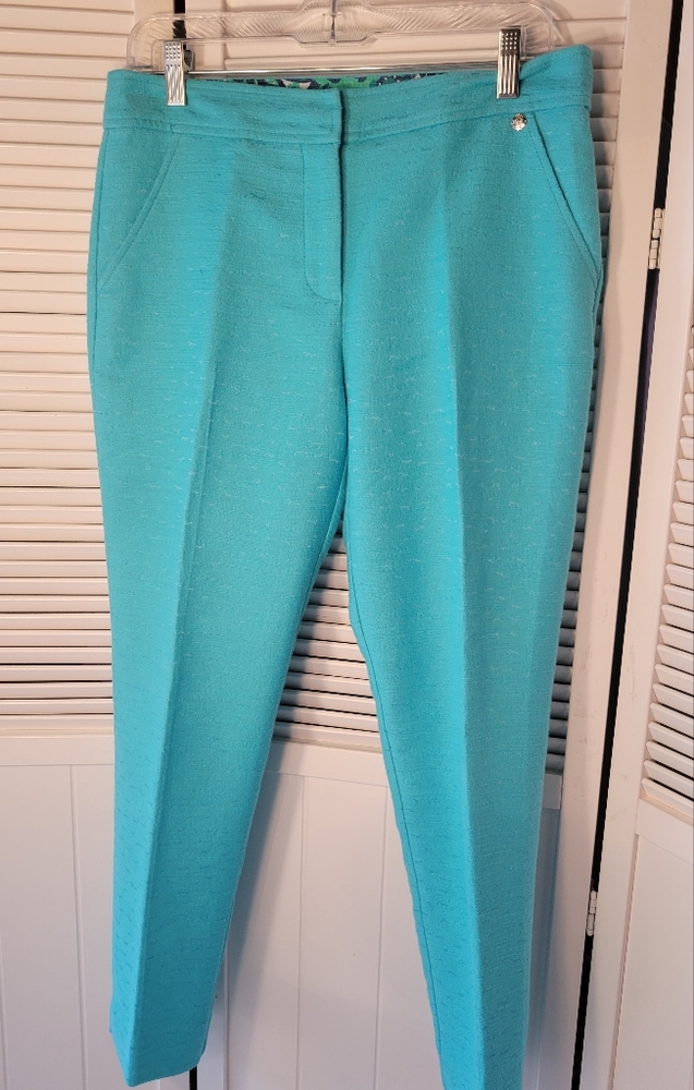 Trina Turk SZ6 turquoise cotton cropped pants side and back pockets